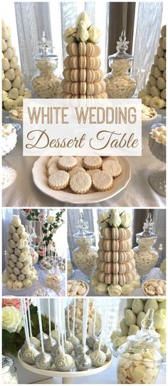 white wedding dessert table with cookies and marshmallows