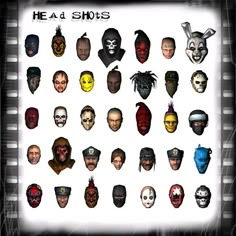 a bunch of different types of masks on a white background with the words head shots