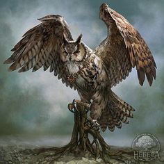 an owl sitting on top of a tree stump with its wings spread out and outstretched