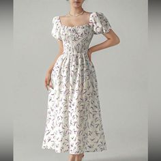 Casual White Midi Dress With Smocked Bodice, White Puff Sleeve Summer Midi Dress, Casual White Midi Dress With Square Neck, Casual White Square Neck Midi Dress, Boho Prom, A Line Long Dress, Front Knot Dress, Business Formal Dress, Ditsy Floral Print