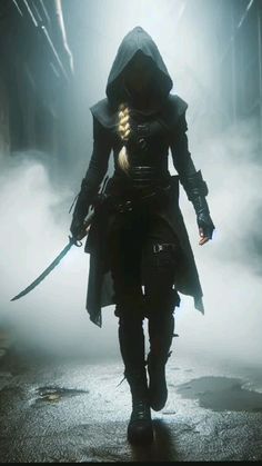 a woman in a hooded outfit walking down the street with two swords on her back