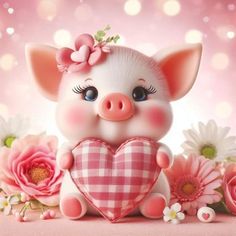 a little pig holding a heart surrounded by flowers