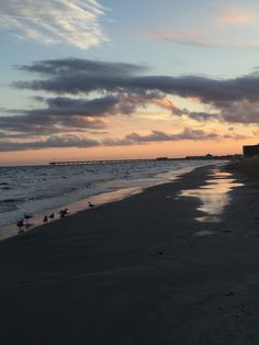 the sun is setting at the beach with seagulls on the sand and in the water