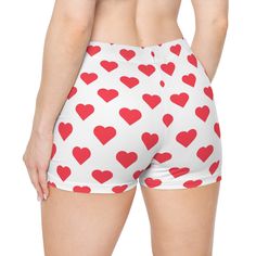 These custom shorts were made to handle heat like champs thanks to their moisture-wicking fabric. Made with 95% Polyester and 5% Spandex, they balance perfectly between comfy and stretchy while remaining super soft to the touch. Each pair comes with white seam color and all-over-print capability.  .: Material: 95% moisture-wicking polyester, 5% spandex .: Brushed faux suede finish .: White thread color .: Printed-in size and care label .: Skinny fit Heart Shorts, Heart Women, Custom Shorts, Skorts, Moisture Wicking Fabric, Red Heart, Denim Women, Short Outfits, Women's Shorts