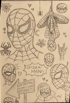 a drawing of spider man and his webman faces with the words spider man written on them