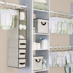 an organized closet with baby clothes and diapers on the shelves in front of it