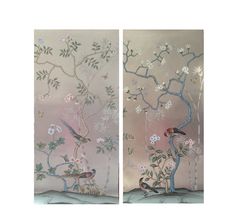 two paintings with birds and flowers on them