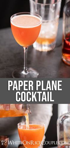 a person pouring a drink into a glass with the words paper plane cocktail on it