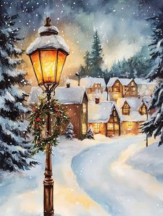 a painting of a snowy village with a street light and christmas wreath on the post