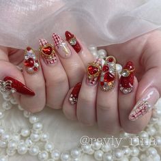 Japanese Red Nails, White Red Nails, Vday Nails, Gel Nail Art Designs, Diva Nails