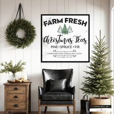 White green tree farm sign Christmas wall decor Farm Fresh Christmas Trees, Cowboy Decorations, Modern Farmhouse Home Decor, Cottage Signs, Tree Signs