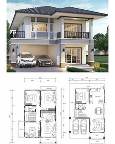 two story house plans with garage and living room on the second floor, one car parking lot