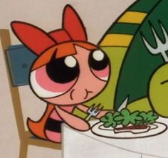 a cartoon character sitting at a table eating food