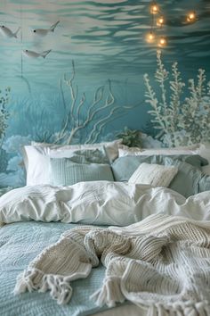 an ocean themed bedroom with seaweed and lights