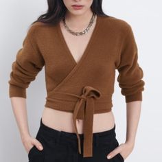 Zara Brown Knit Wrap Sweater - Nwot Size Small V-Neck Cropped Cardigan Front Tie Wrap Closure. It Is So Soft, You Will Not Want To Take It Off. Beautiful Brown / Camel Color. Fitted Textured Knit V-neck Outerwear, Fall V-neck Cropped Sweater For Layering, Winter Wrap Tops For Workwear, Zara Sweater For Work In Fall, Zara Sweater For Workwear In Fall, Zara Sweater For Fall Workwear, Zara Fall Sweater For Work, Zara Fall Workwear Sweater, Winter Wrap Top