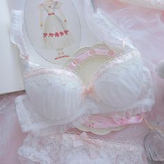 White Ribbon & Lace Kawaii Princess Girly Lingerie Set featuring padded bra with removable inserts decorated with lace and ribbon and matching lace bottoms. Kawaii Princess, Gather Bra, Dr Wardrobe, Deer Doll, Wishlist Ideas, Dr Closet, Japanese Harajuku, Cute Bras, Cute Lingerie