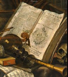 a painting of an old book, telescope and other items on a table with music sheets