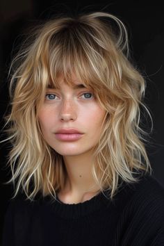 Graduation Hairstyles with Cap | Chic Ideas for Your Big Day (#103) Short Shaggy Hair Round Face, Beachy Bangs Hair, Blonde Hair Dark Roots Bangs, Shaggy Lob Curtain Bangs, Choppy Textured Lob With Bangs, Medium Hair Layers Bangs, Boho Bangs Hair, 70s Bangs Fringes, Blond Shag