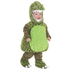 a toddler in a green dinosaur costume