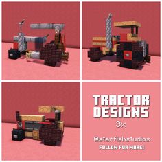 four different views of a truck made out of bricks and wood, with the text tractor designs 3x below it