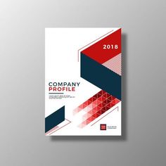 the company profile brochure is shown in red, white and blue colors on a gray background