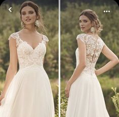 two pictures of a woman in a wedding dress, one is wearing an open back gown