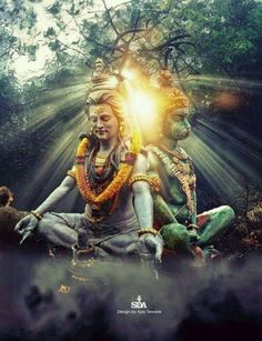 an image of the hindu god and goddess sitting in front of trees with sunbeams