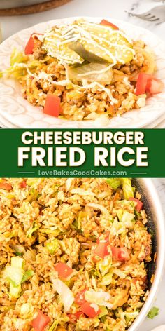 two plates filled with fried rice and topped with lettuce, tomatoes and cheese