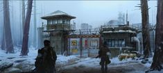 two people are walking through the snow in front of an old building with pipes on it