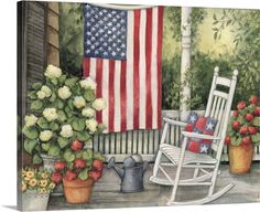 a rocking chair and potted plants on a porch with an american flag hanging over it