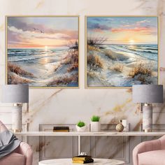 there are two paintings on the wall in this living room, one is painted with watercolors