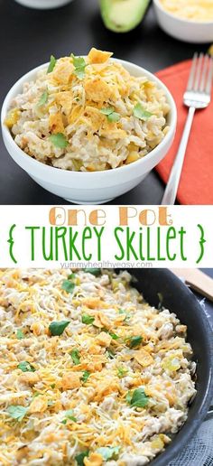 this is an image of a turkey skillet with rice and vegetables in it,