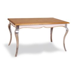 a wooden table with metal legs and a wood top