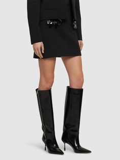 75mm Heel. Leather upper. Side zip closure. Leather insole. Leather sole Leather Tall Boots, Versace Brand, Chain Strap Bag, Ankle Shoes, Black Boots Tall, Tall Leather Boots, Floral Shoes, Black Chelsea Boots, Leather Chelsea Boots