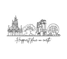 a black and white drawing of a cityscape with the words happy place on earth