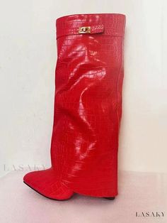 Lasaky - Pink Crocodile Pattern Wide Calf Boots with Heeled Lock, Straight Shaft and Foldover Knee High Design Pink Knee High Boots, Wide Calf Knee High Boots, Pu Boots, Winter Heels, Knit Shirt Dress, Bodysuit Blouse, Wide Calf Boots, Boots Women Fashion, Wide Calf