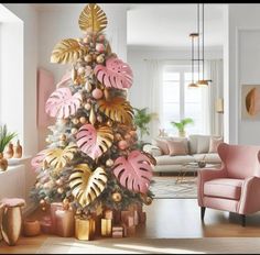 a christmas tree with pink and gold decorations