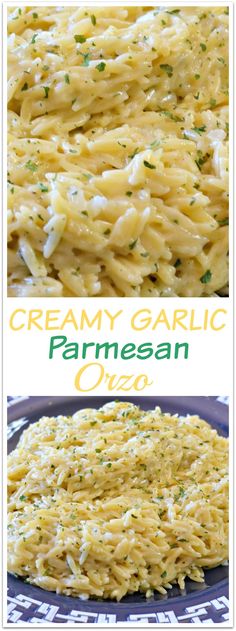 creamy garlic pasta with parmesan cheese on top and an image of the casserole