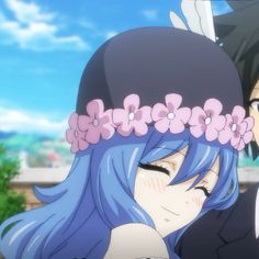 two anime characters one with blue hair and the other with pink flowers on her head