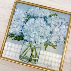 a painting of blue hydrangeas in a glass vase