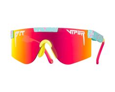 a pair of sunglasses with pink and yellow mirrored lenses on the top, one has an orange