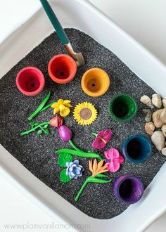 a white tray with flowers and paint on it