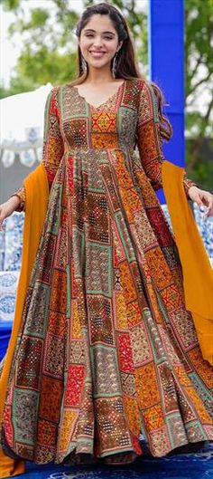 Multicolor color Gown in Rayon fabric with Digital Print work Festive Orange Maxi Dress For Wedding, Multicolor Anarkali Dress For Reception, Multicolor Maxi Gown For Wedding, Multicolor Maxi Dress For Reception, Multicolor Maxi Gown For Reception, Multicolor Maxi Length Gown For Reception, Multicolor Maxi-length Gown For Reception, Engagement Gown, Traditional Blouse Designs