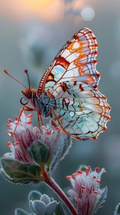 a close up of a butterfly on a flower