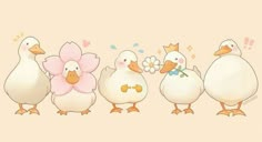 four ducks are standing in a row and one is holding a flower