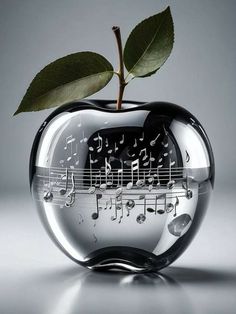 an apple with musical notes in it and a green leaf sticking out of the top