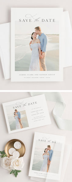 the wedding stationery is laid out on top of each other