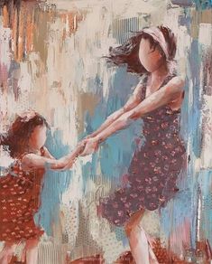 an oil painting of two girls holding hands