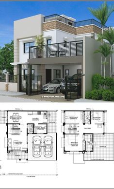 three story house plan with two floors and an attached garage