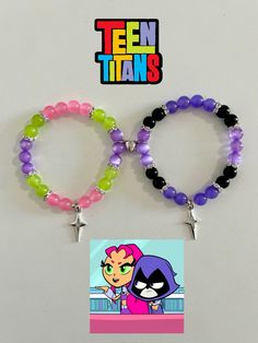 two bracelets with cartoon characters on them, one is purple and the other is green